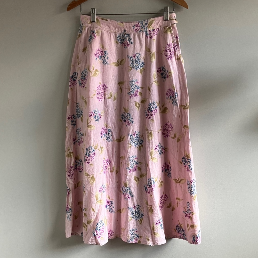 Vintage 90’s Liz Claiborne floral pink linen A-Line midi skirt size 8